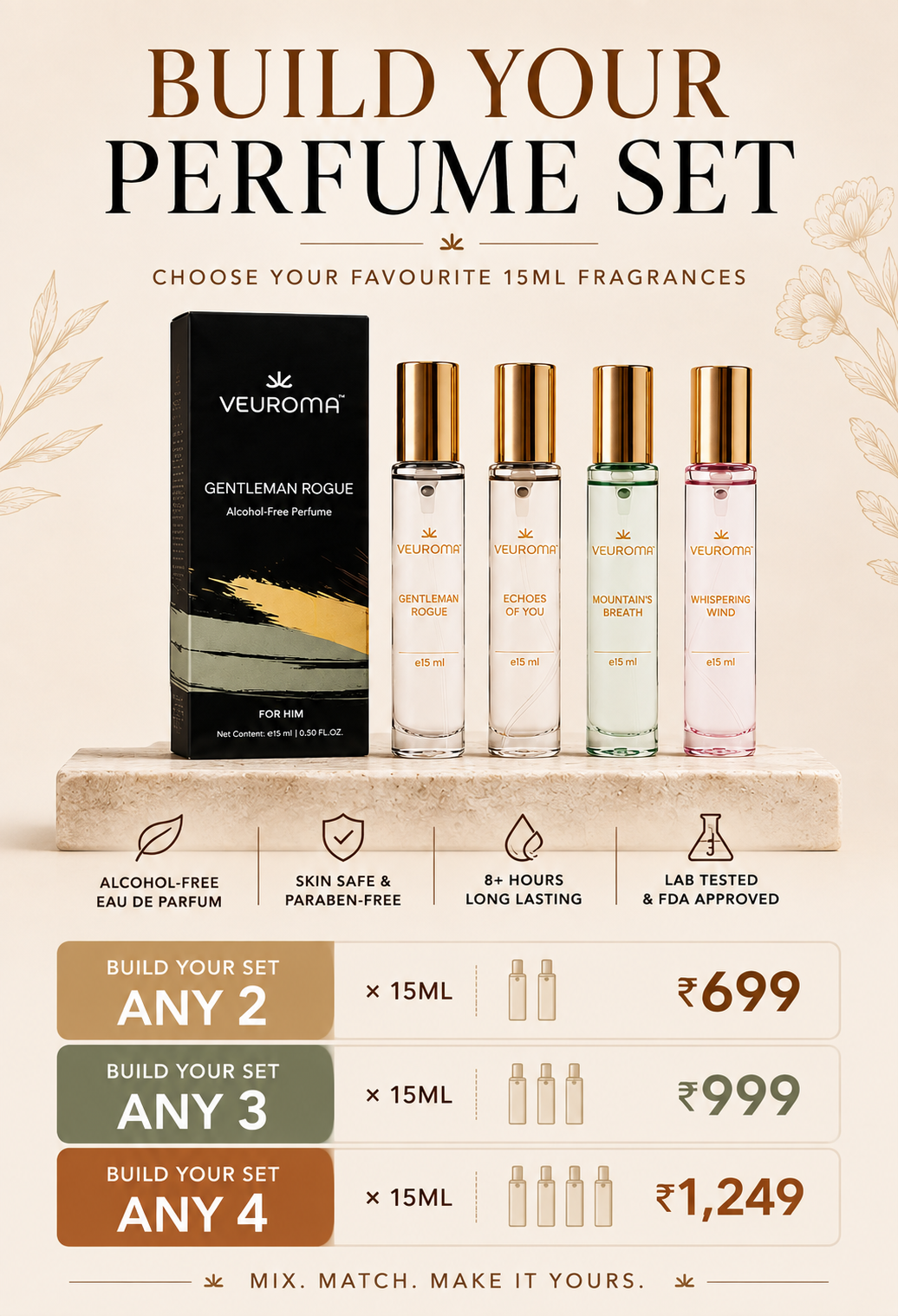 Build your own fragrance set, any two bottles ₹699, any three ₹999, any four ₹1,249